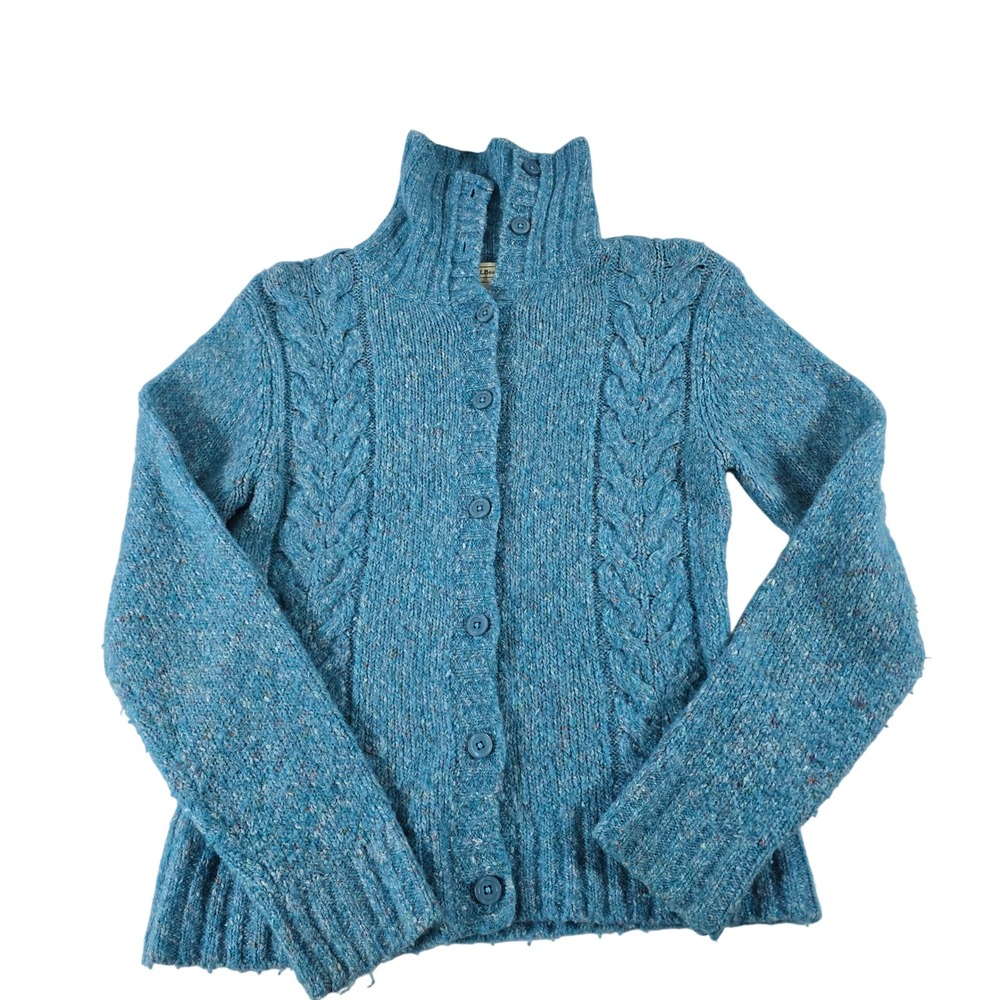 LL Bean Women Blue Cable Knit Button Cardigan Sweater Mock Neck Wool Blend S-REG